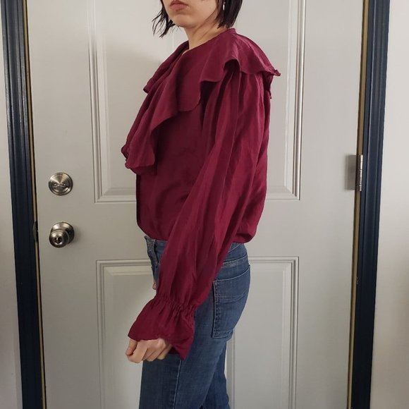 90s Silk Button Down with Frilly Collar - Picture 2 of 4